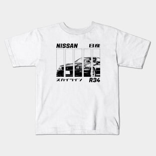 NISSAN SKYLINE GT-R R34 Black 'N White 3 Kids T-Shirt